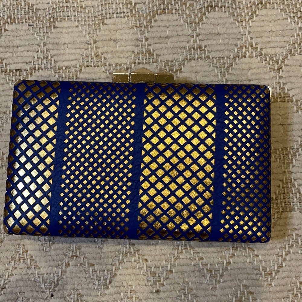 Gold/blue clutch purse with gold strap